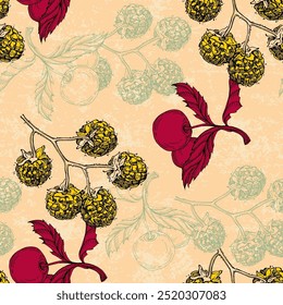 Seamless Pattern with raspberry and cherry. Color sketch style hand drawn background. Detailed illustration, hand drawn. Great for fabric and textile, prints, invitation, packaging