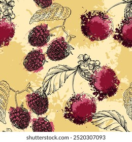 Seamless Pattern with raspberry and cherry. Color sketch style hand drawn background. Detailed illustration, hand drawn. Great for fabric and textile, prints, invitation, packaging