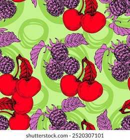 Seamless Pattern with raspberry and cherry. Color sketch style hand drawn background. Detailed illustration, hand drawn. Great for fabric and textile, prints, invitation, packaging