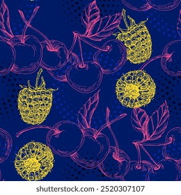 Seamless Pattern with raspberry and cherry. Color sketch style hand drawn background. Detailed illustration, hand drawn. Great for fabric and textile, prints, invitation, packaging