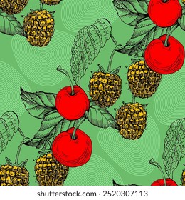 Seamless Pattern with raspberry and cherry. Color sketch style hand drawn background. Detailed illustration, hand drawn. Great for fabric and textile, prints, invitation, packaging