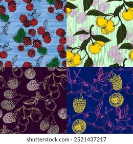 Seamless Pattern with raspberry and cherry. Color sketch style hand drawn background. Detailed illustration, hand drawn. Great for fabric and textile, prints, invitation, packaging