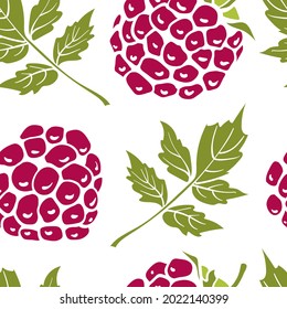 Seamless pattern with raspberry. Colorful paper cut collection of wild and garden berries and leaves in  style isolated on white background. Doodle hand drawn vector illustration