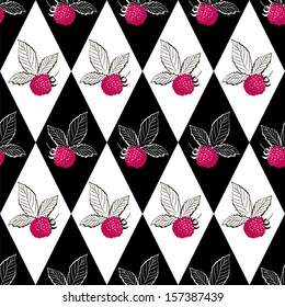 Seamless pattern with raspberry on black and white rhombus background