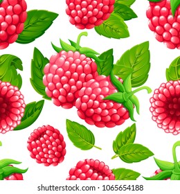 Seamless pattern of raspberry. Vector illustration of raspberry with green leaves. Vector illustration for decorative poster, emblem natural product, farmers market. Website page and mobile app.