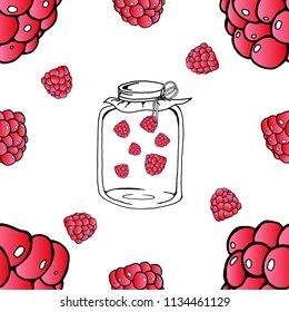 Seamless pattern from raspberry. Vector illustration of a seamless  pattern raspberry. Hand drawn glass jar with raspberry jam.