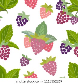 Seamless pattern of raspberry - vintage illustration of forest berry with torn edges and brush effect. Vector