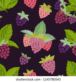 Seamless pattern of raspberry - vintage illustration of forest berry with torn edges and brush effect. Vector