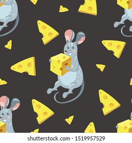 Seamless pattern with rat and cheese. Texture for textile, postcard, wrapping paper, packaging etc. Vector illustration on black background.