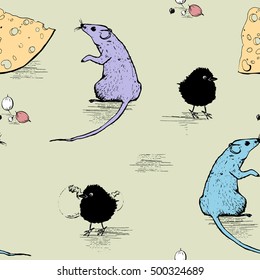 Seamless pattern with rat or mouse, chicken, cheese and berries.
