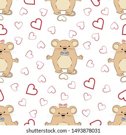 Seamless pattern. Rat is a symbol of 2020. On a white background, hearts and little rats boys and girls. Vector illustration.