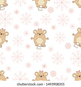 Seamless pattern. Rat is a symbol of 2020. On a white background pink snowflakes and rat girls with pink bows. Vector illustration.