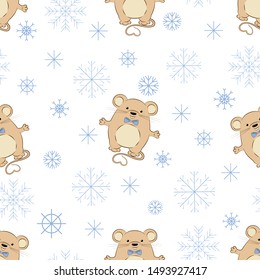 Seamless pattern. Rat is a symbol of 2020. On a white background, blue snowflakes and rats boys in a blue bow-tie. Vector illustration.