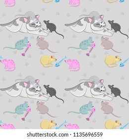 seamless pattern with rat walking on the floor and cat sleeping.