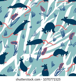 Seamless pattern with rats. Cute hand drawn background with cute rodents on the meadow. Artistic animals on floral backdrop. Vector illustration
