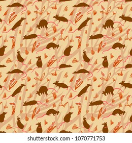 Seamless pattern with rats. Cute hand drawn background with cute rodents on the meadow. Artistic animals on floral backdrop. Vector illustration