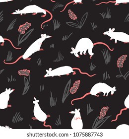 Seamless pattern with rats. Cute hand drawn background with cute rodents on the meadow. Artistic animals on floral backdrop. Vector illustration