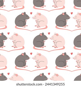 Seamless pattern with rats in love sitting together. Romantic rodents couple with hearts. Vector flat illustration on white background