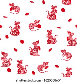 Seamless pattern with rats: mice and coins. Pattern for chinese new year. Isolated on white background vector illustration.