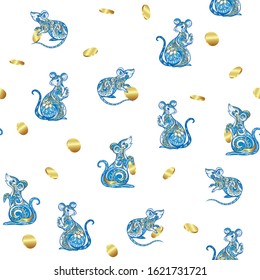Seamless pattern with rats: mice and coins. Pattern for chinese new year. Isolated on white background vector illustration.
