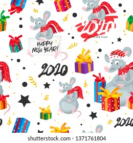 Seamless pattern of rats, mice, gift boxes and numbers 2020. Happy new year and christmas. Symbol of the Chinese year 2020. Holiday card. Vector illustration on white background. Wrapping paper.