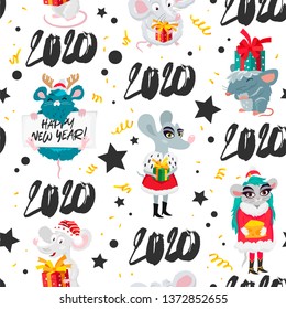 Seamless pattern of rats, mice and numbers 2020. Happy new year and christmas. Symbol of the Chinese year 2020. Holiday card. Vector illustration on white background. Wrapping paper.