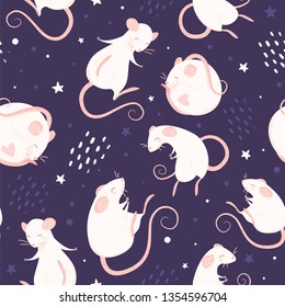 Seamless pattern with rats on the violet background