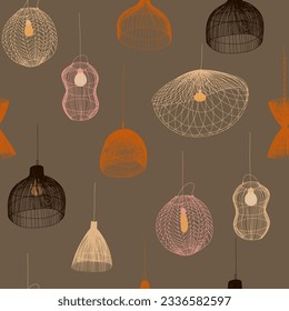 Seamless pattern with rattan lamps. Vector coffee illustration for creating a logo for an interior design studio or lighting studio.