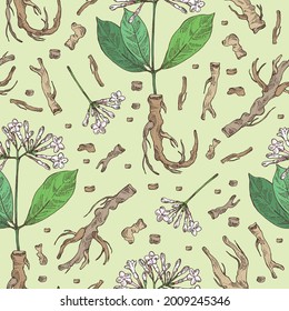 Nahtloses Muster mit rauwolfia serpentina: Pflanzen, Blumen und rauwolfia serpentina tuber. Kosmetische und medizinische Pflanze. handgezeichnete Vektorgrafik
