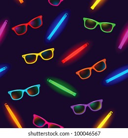 Seamless pattern - rave party with sunglasses and glow sticks on dark background - vector illustration.