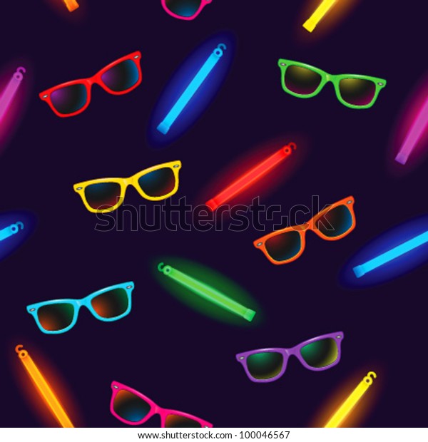 Seamless pattern - rave\
party with sunglasses and glow sticks on dark background - vector\
illustration.