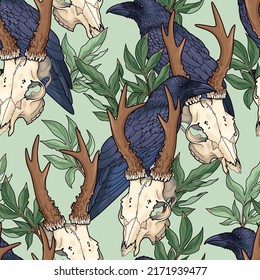 Seamless pattern with raven and deer skull