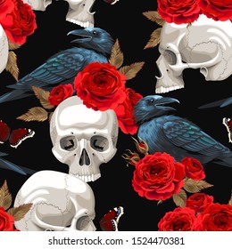 Seamless Pattern With Raven And Human Skull