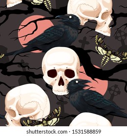 Seamless pattern with raven and human skull