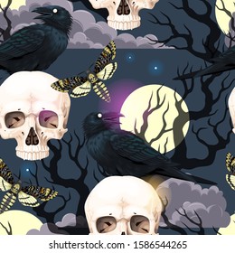 Seamless pattern with raven and human skull