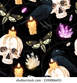 Seamless pattern with raven and human skull