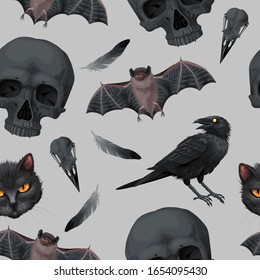 Seamless Pattern With Raven And Human Skull