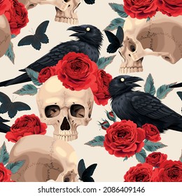 Seamless pattern with raven and human skull