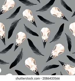 Seamless pattern of raven skulls and feathers