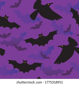 Seamless pattern with ravens and bat silhouette on a magenta background as a texture. Scary silhouette vector stock illustration with crow for halloween wrapping paper