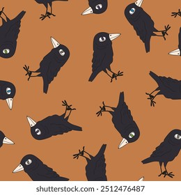 Seamless pattern with ravens. Cute black crows art. Spooky Halloween illustration. Hand drawn vector background.