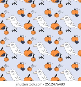 Seamless pattern with ravens and pumpkins. Cute white crows art. Happy Halloween vector illustration. Print for paper, fabric, textile.