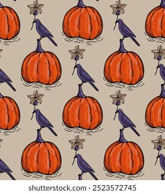Seamless pattern with ravens, pumpkins and dark flowers for Halloween.