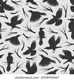 Seamless pattern with ravens and tree branches. Cute black crows art, flying birds flat vector illustration.