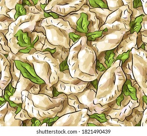 Seamless pattern with ravioli, dumplings with herbs