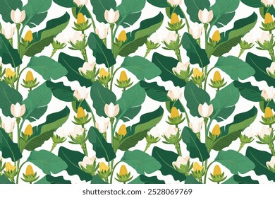 Seamless pattern with raw banana flowers and leaves on white background.