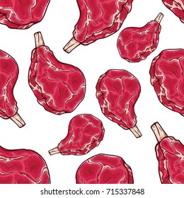 seamless pattern of raw beef rib with colored hand drawn or sketch style