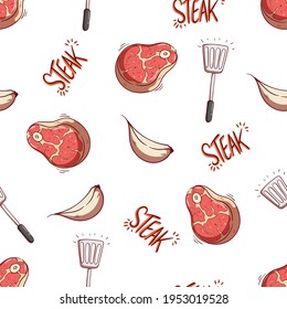 patrón ininterrumpido de carne cruda, espátula y ajo con estilo de doodle