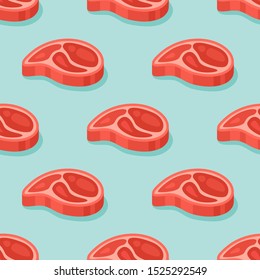 Seamless pattern with raw meat steak on teal background. Vector texture.