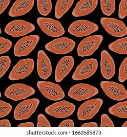 Nahtloses Muster mit roher Papaya auf schwarzem Hintergrund. Einfach handgezeichnet dunkler Druck. Vektorillustration.